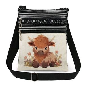 Whimsical Black and Cream Crossbody Bag with Highland Cow Design